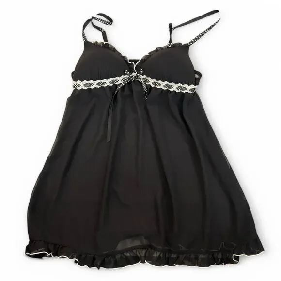 Black lace sheer babydoll top | Y2K Polka dots | Outerwear or Lingerie | S - Picture 2 of 8